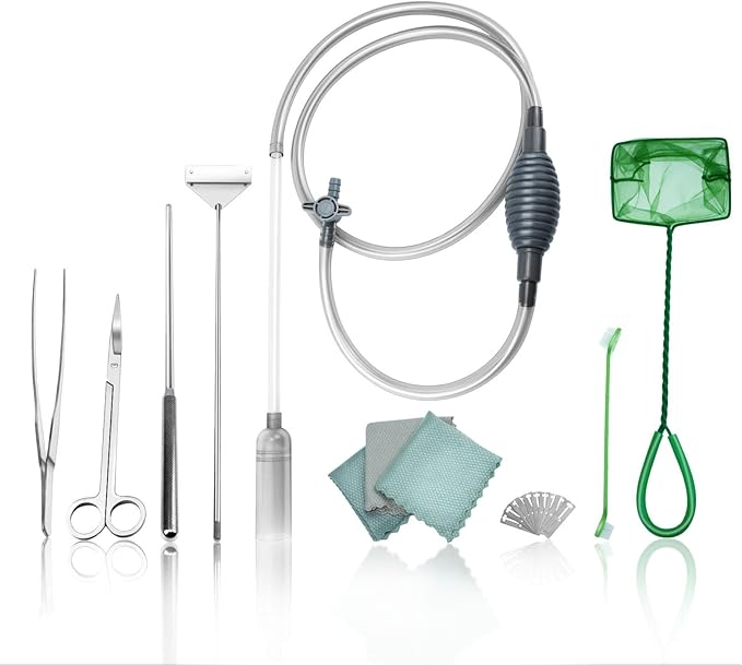 Fish Tank Cleaning Kit with Aquarium Siphon, Fish Net, and Algae Scraper | All-in-One Fish Tank Cleaner for Various Tank Sizes