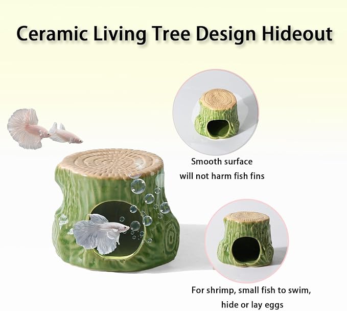 Ceramic Aquarium Decor Natural Tree Green Betta Fish Tank Cave | Smooth-Surface Safe for Fish Hiding & Breeding, Easy-Clean, No Assembly, for Play & Rest,Fits 2.5-5 Gallon Fish Tanks