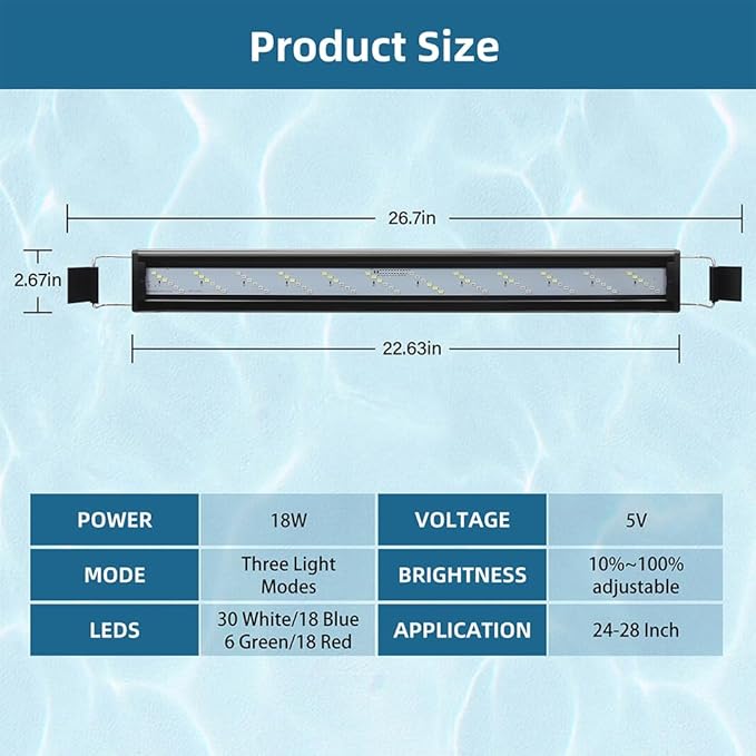 DaToo LED Aquarium Light Full Spectrum Fish Tank Light with Dimmer White Blue Red Green LEDs Fish Tank Light with Three Lighting Modes and Extendable Bracket for 24 Inch to 28 Inch Aquarium