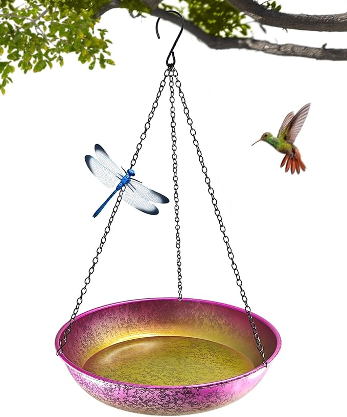Hanging Bird Bath for Outside Iridescent Metal Feeder Tray with Hand-Painted Pink and Green Gradient 11" Decorative Birdbath for Wild Birds to Bathe & Drink Garden Decor for Patio & Yard