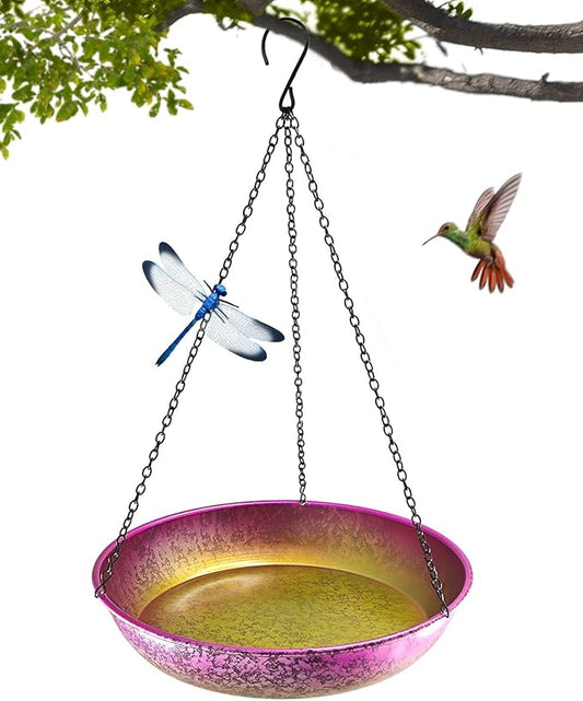 Hanging Bird Bath for Outside Iridescent Metal Feeder Tray with Hand-Painted Pink and Green Gradient 11" Decorative Birdbath for Wild Birds to Bathe & Drink Garden Decor for Patio & Yard