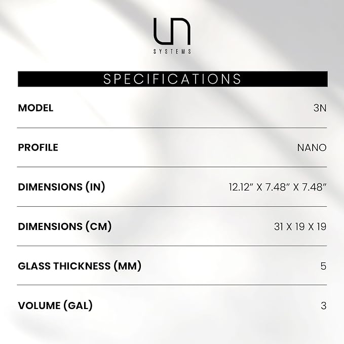 Ultum Nature Systems Ultra Clear Rimless Aquarium - Low Iron Glass Fish Tank with 45° Mitered Edges, 5mm-12mm Thick, Leveling Mat Included (3N, Nano, 3 Gallon)