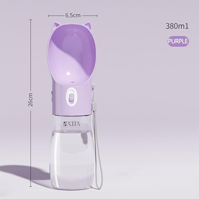 Dog Water Bottle Dispenser 380ml – Leak-Proof Lock, One-Hand Operation | Portable Pet Travel Water Bottle with Built-in Bowl | Purple