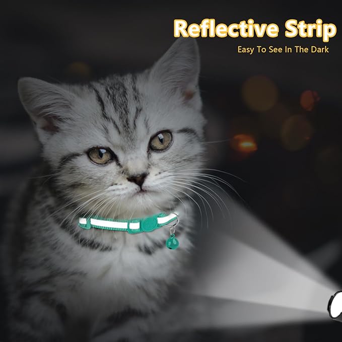 Taglory Kitten Collar Breakaway with Bell, Reflective Soft Cat Collar for Small Kittens, Adjustable 6-8 Inch High Visibility Night Strip, Lightweight for 2-6 Months Baby Cats, 2 Pack, Turquoise