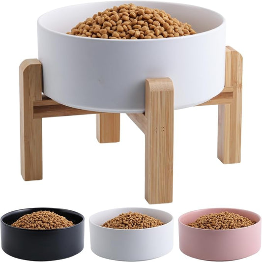 Elevated/Raised Ceramic Dog Bowl with Bamboo Stand (White, 3.6Cup)