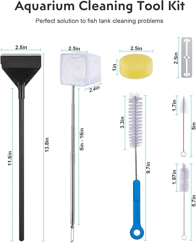 URUQ 7-in-1 Fish Tank Cleaning Kit with Algae Scraper & Aquarium Brushes | Includes Fish Net, Sponge, Spare Blades, Multiple Tools for Easy Routine Tank Maintenance
