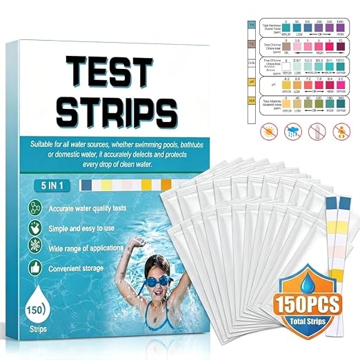 Pool Test Strips 150 Pcs, 5 in 1 Spa & Hot Tub Test Strips, Quick & Accurate Pool Water Testing Kit Accurate PH, Free Chlorine, Bromine, Total Alkalinity & Hardness(150PCS)