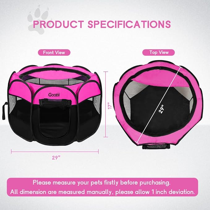 GOOZII Pet Cat Playpen for Indoor Cats Enclosed, Portable Foldable Dog Playpen Outdoor Tent Crate Cage with Zipper Top Cover Door for Kitten Puppy Outside Rv Car Camper (Small Size, Pink)