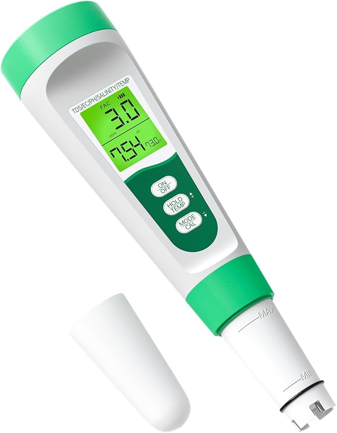 Salt Tester for Saltwater Pool & PH Meter, High Accuracy Pool Salt Tester, 5 in 1 Salinity PH Temp EC TDS Meter for Pool Hot Tub Swimming Aquarium, Daily Maintenance & Water Quality Testing, Green