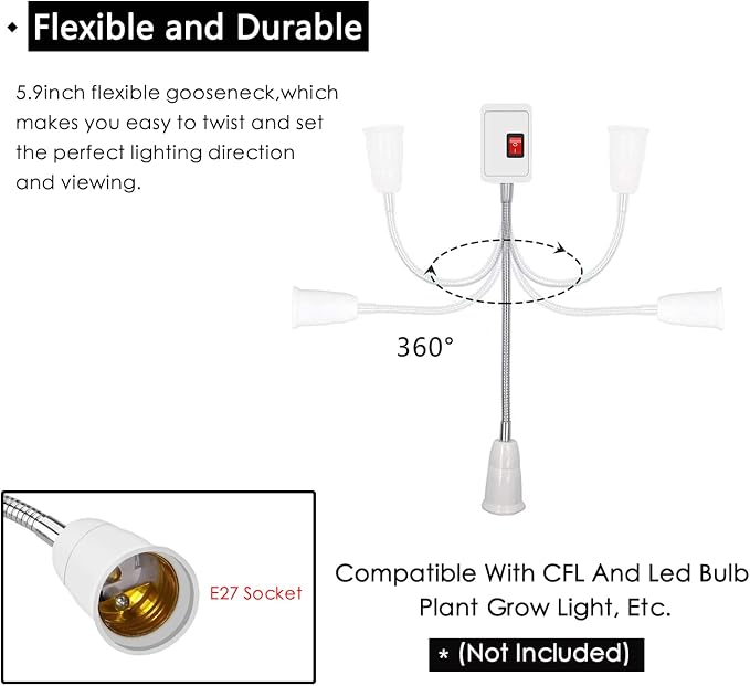 Plug in Light Socket Adapter,4Pack Extension Light Socket Converter Plug Lamp Socket Desk Extender Lamp Bulb Holder E26/E27 All Direction Bulb Adapter with Switch 5.9''Gooseneck For Bedside Plant Grow