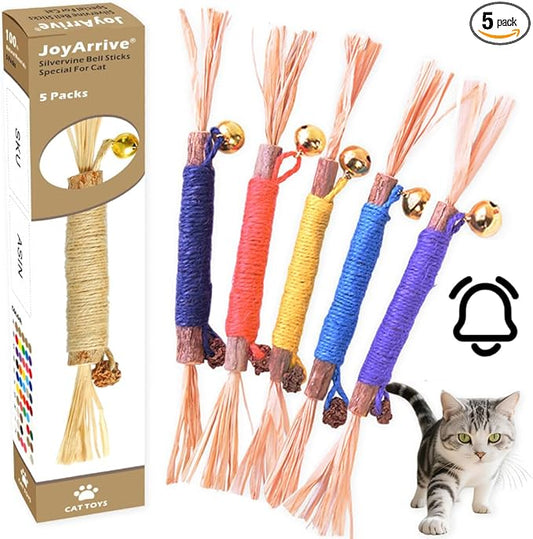 Natural Dried Matatabi Cat Chew Stick with Gall Fruit, Raffia Grass & Bell Cat Ball Toys, Handmade Silvervine Sticks Interactive Catnip Toys for Teething & Entertainment (Size M Color D)