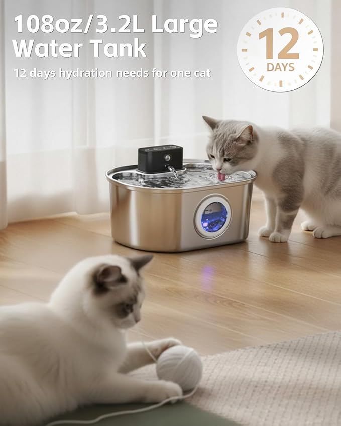 Wireless Cat Water Fountain Stainless Steel, Pet Drinking Fountain Cordless – 3.2L/108oz Battery Operated Automatic Water Dispenser for Cats Indoor, with Motion Sensor & Quiet Pump (1 Filter)