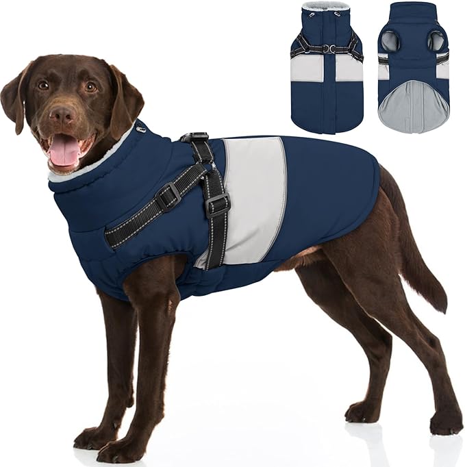 Dog Jacket, Large Dog Coat with Harness Built in, Warm Pet Winter Jacket Zippered Snow Coat with Furry Collar, Waterproof Fleece Snowsuit for French Bulldog, Navy Blue L