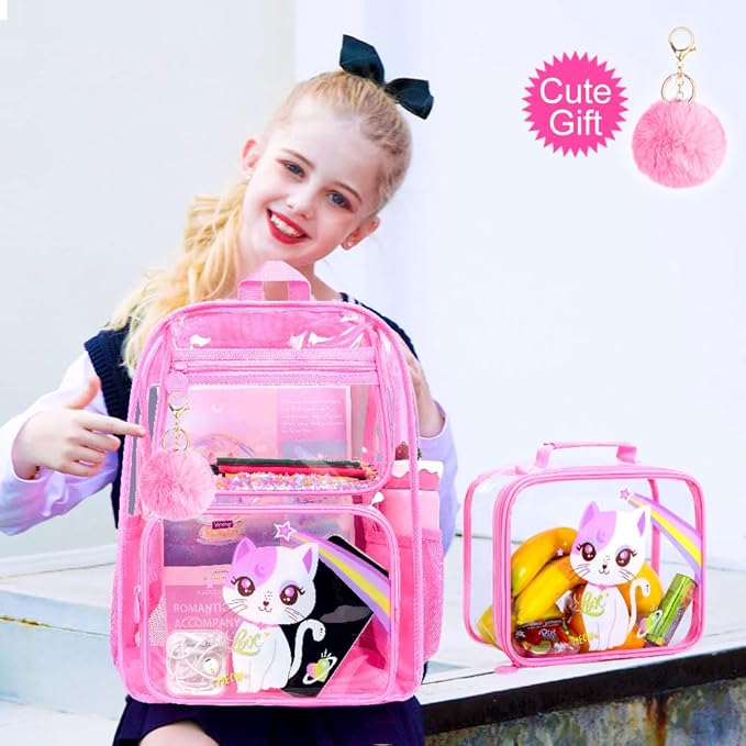 KLFVB 3PCS Clear Backpack for Girls and Boys, Kids See Through Backpacks Stadium Approved, Transparent Bookbag for Elementary