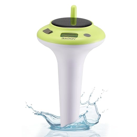 Raddy PT-5 Solar Floating Pool Thermometer, Waterproof Display | Solar & battery powered, easy read digital screen, for swimming pools, hot tubs, spas