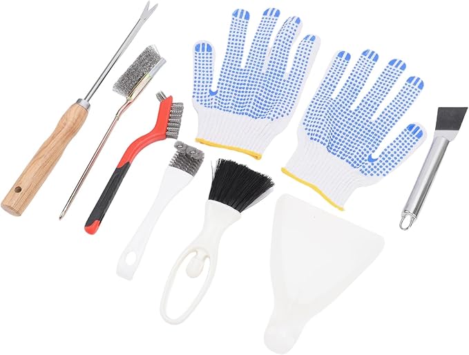 Luqeeg 7Pcs Bird Cage Cleaning Tools Set, Fork Brush Scraper Broom Dustpan Gloves Kit, Stainless Steel Bird Droppings Scraper Tool for Parakeet Items Small Animal Cage Cleaning