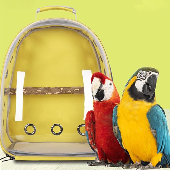 Surakey Bird Carrier Cage, Parrot Travel Backpack with Wooden Perch Standing Carrier Shoulders Bag for Pet Birds Outing Travel (Yellow)