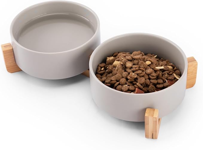 MateeyLife Ceramic Dog and Cat Bowls with Stand, 2-Pack Food and Water Bowl Set - Non-Slip Pet Bowls for Cats,Puppies and Small Dogs, 13.5OZ（Grey）
