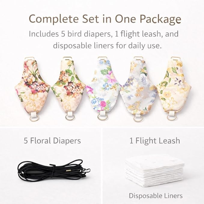 5PCS Bird Diaper Harness Set with Flight Leash and Disposable Liners, Reusable Bird Diapers for Parrots Conures Cockatiels Parakeets, Adjustable Bird Harness for Indoor Companion Birds(L)