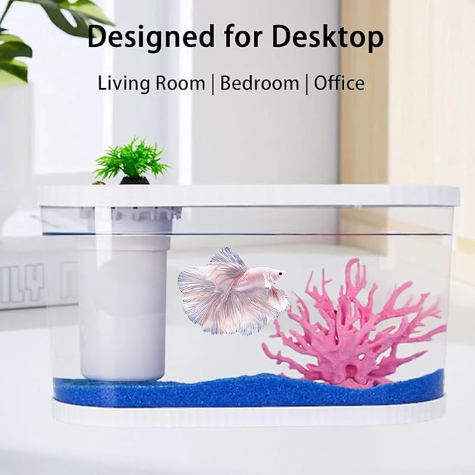 Fish Tank Kits,PC Small Aquarium Starter Kit,2.2 Gallon Nano Desktop Tank with Quiet Filter, Lid,Color-Changing Light&Decor for Betta Shrimp Guppy Jellyfish Goldfish Beta(12.6 * 7 * 5.6 Inch)