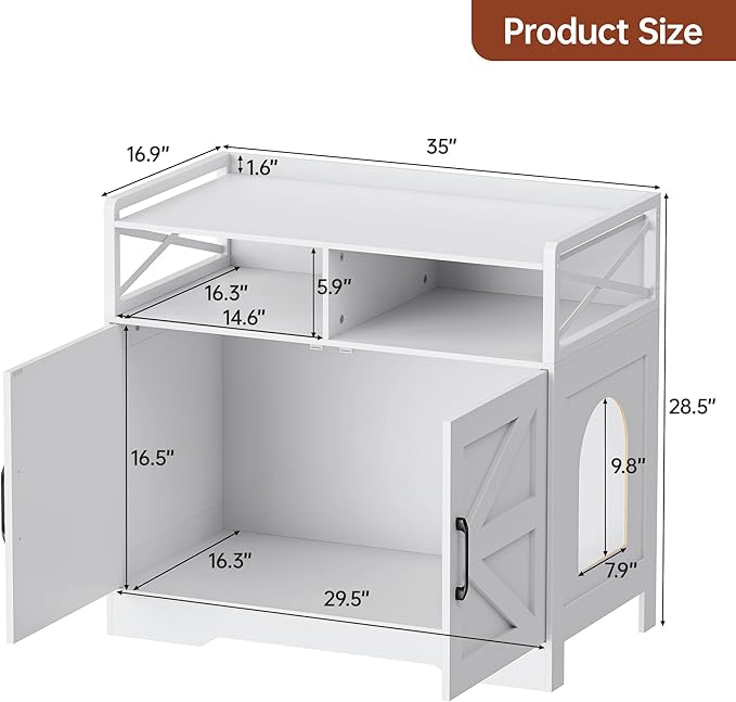 OtterOasis Cat Litter Box Enclosure, Ultra-Large Hidden Litter Box Furniture with Top Opening, Anti-Tipping Fence and 2 Open Drawers, Litter Box Cabinet End Table, White