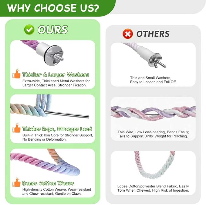 3 Pcs Bird Rope Perches Gradient Color, Bendable Parrot Bird Perch Rope Stand for Cage, Stand Climbing Stand Toy for Cockatiels, Lovebirds, Budgies, Parakeets (2 Long + 1 Short)