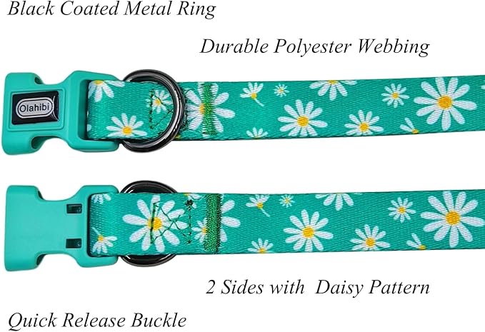 Dog Collar Leash Set, Floral Pattern, Polyester Material, Adjustable Collar and 5ft Matching Leash, for Large Dogs.(L, Green Daisy)