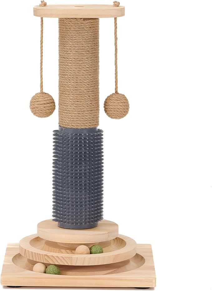 4-in-1 Solid Wood Cat Scratching Post with Self-Groomer, Natural Sisal Scratching Post with 2-Level Track Ball Toy, Interactive Cat Tree & Furniture Protector for Indoor Cats Large Size