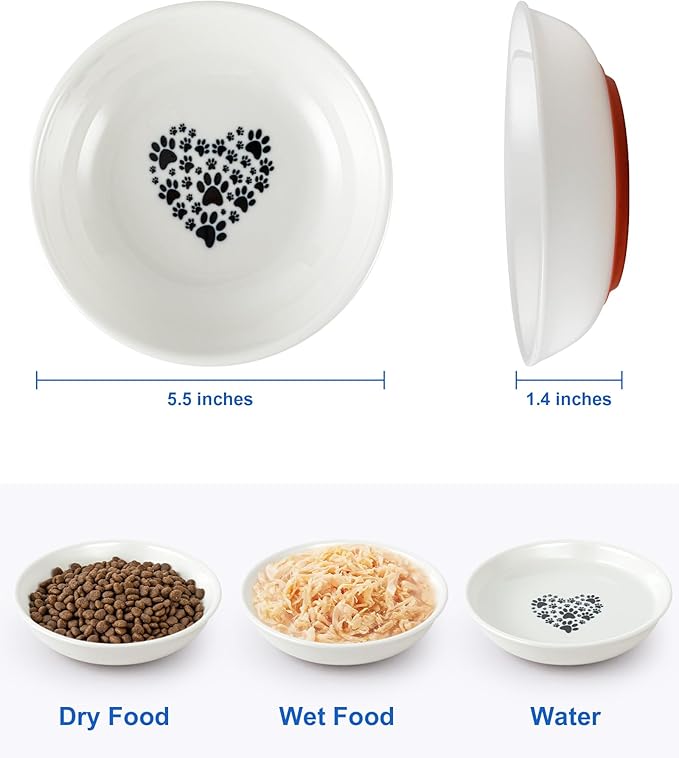 Ceramic Cat Bowl Whisker Friendly – 3 Pack Shallow Wide Cat Food Bowls, 5.5″ Non‑Slip Cats Dishes Silicone Base, Dishwasher & Microwave Safe, Indoor Cats Food & Water Bowl – Cute Heart Paw Design