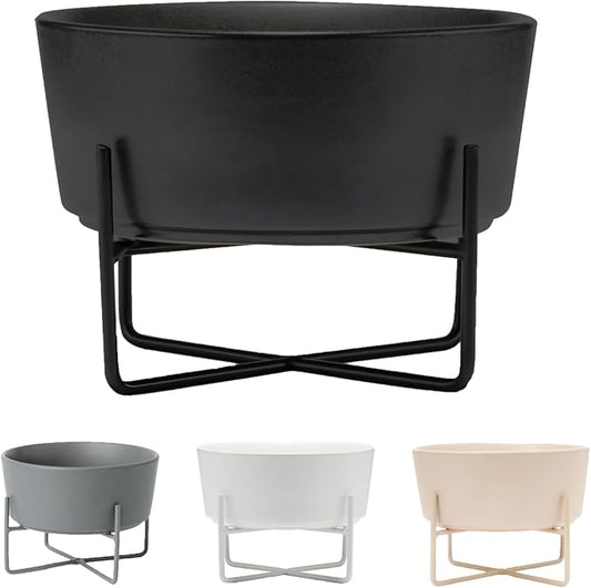 Waggo Simple Solid Dog Bowl and Dog Bowl Stand - Single Iron Stand with Single Ceramic Feeder or Water Bowl (Matte Black, Medium)
