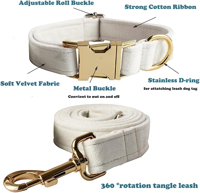 Love Dream Velvet Dog Collar and Leash Set, Soft & Comfy Adjustable Dog Leash and Collar with Heavy Duty Metal Buckle for Small Medium Large Dogs Training & Walking (Large, White)