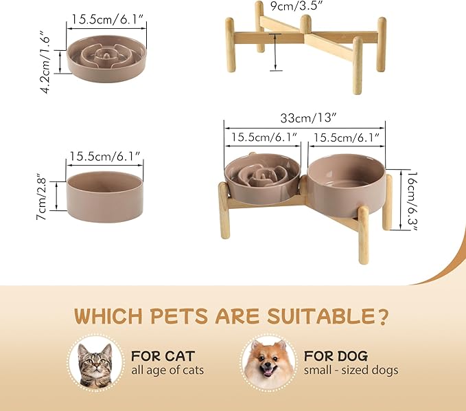 Havniva Ceramic 0.9 Cup Raised Slow Feeder Dog Bowl Set, Elevated 6.1inch Water Bowl and 6.1inch Slow Dish with Wooden Stand for Small Dogs(2 x Brown Coffee+ Stand)