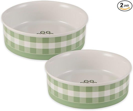 Bone Dry Ceramic Food Bowls, Non-Slip & Dishwasher Safe, Large Set, 7.5x2.4 Desert Sage Check