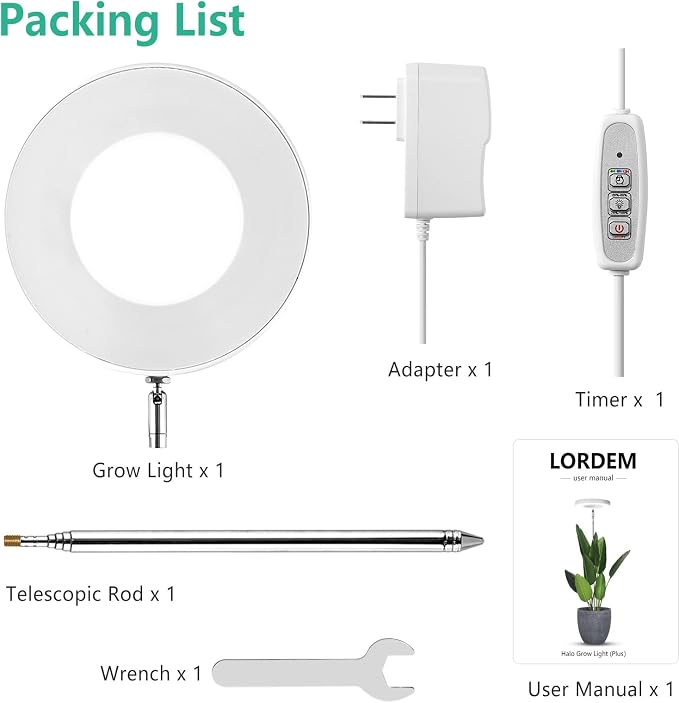 LORDEM Full Spectrum LED Grow Light, 72 LEDs, 4 Brightness Settings, Auto On/Off Timer, Height Adjustable, Ideal for Indoor Plants | 72 LEDs, Timer 4/8/12H, 4 Dimmable Levels, Height Adjustable 65 inch, Ideal for Tall Houseplants