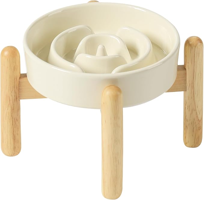 Havniva Ceramic 0.9 Cup Raised Dog Slow Feeder Set, Elevated Bowl with Wooden Stand for Small Dog and Cat, 6.1inch Puzzle Slow Dog Food Dish, Anti-Gulping(Light Yellow, Single Bowl+ Stand)