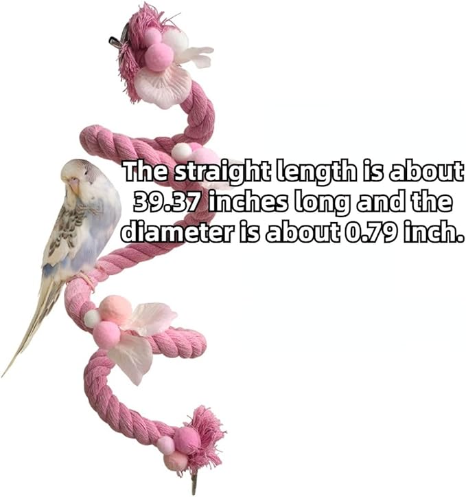 Bird Toys, Rope Perch for Parrots, 39.3 Inches Long, Brightly Colored Handmade Chew Toy, Spiral Design Bird Cage Climbing Rope for Lovebird Conure Quaker Budgie Cockatiel (Pink)