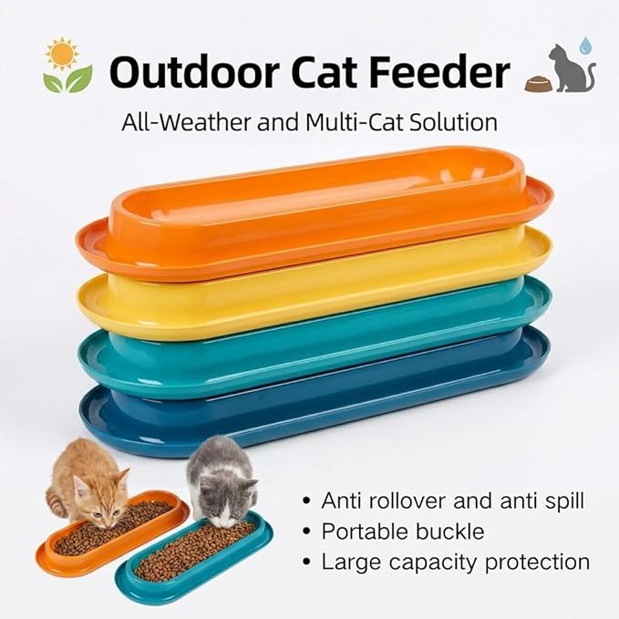 Multi-Cat Home 4-Pack, Long Pet Food Bowls, Large Capacity Non-Slip Easy Clean Dishes for Indoor & Outdoor Feeding (Orange, Dark Blue, Yellow, Lake Green)