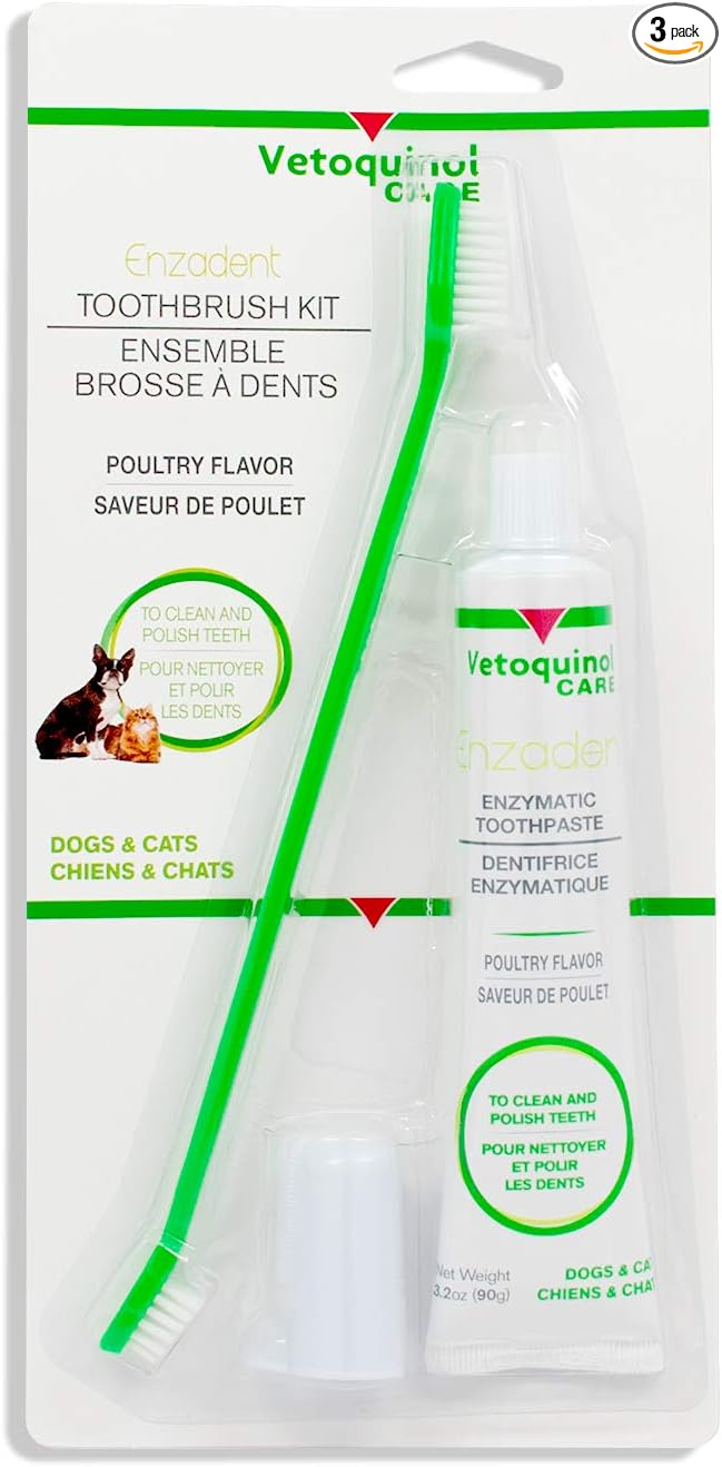 Vetoquinol Enzadent Enzymatic Toothpaste Kit + Fingerbrush & Dual-End Toothbrush for Cats & Dogs – 3.2 oz, Poultry Flavor – Oral Dental Care Kit: Removes Plaque, Polishes Teeth & Freshens Breath