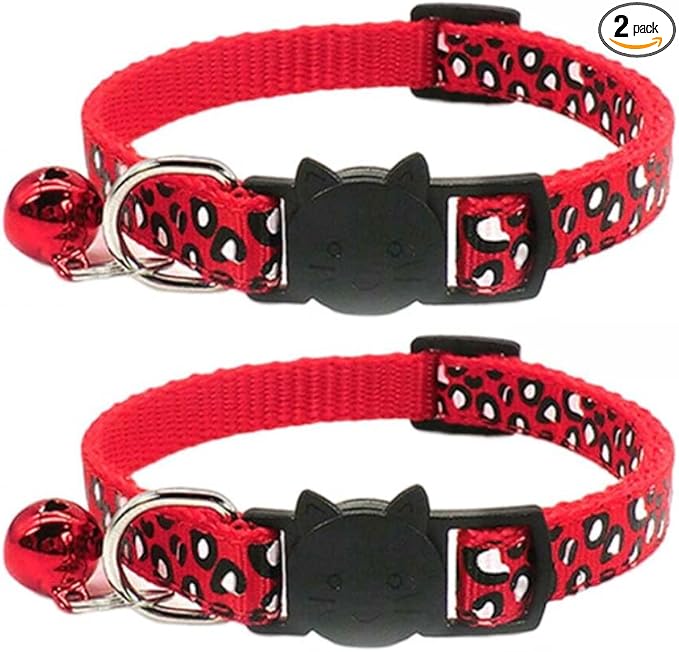 Reflective 2 Pack Breakaway Cat Collars with Bell Leopard Pattern Cute Kitty Adjustable 7.5-12.5 Inch Safe Kitten Collars Charms (Red)