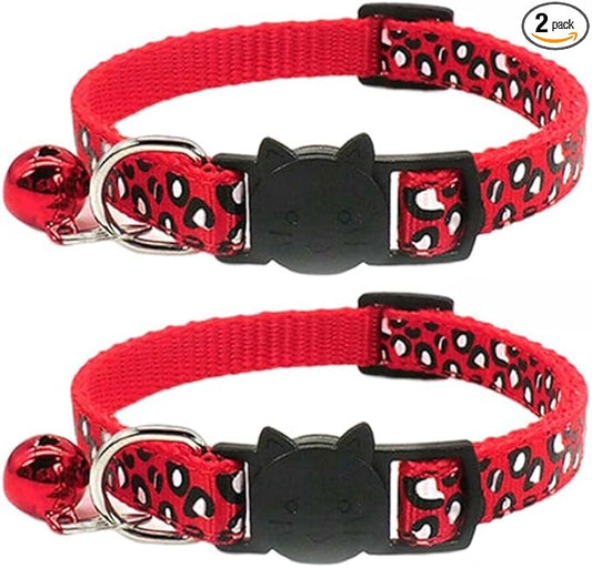 Reflective 2 Pack Breakaway Cat Collars with Bell Leopard Pattern Cute Kitty Adjustable 7.5-12.5 Inch Safe Kitten Collars Charms (Red)