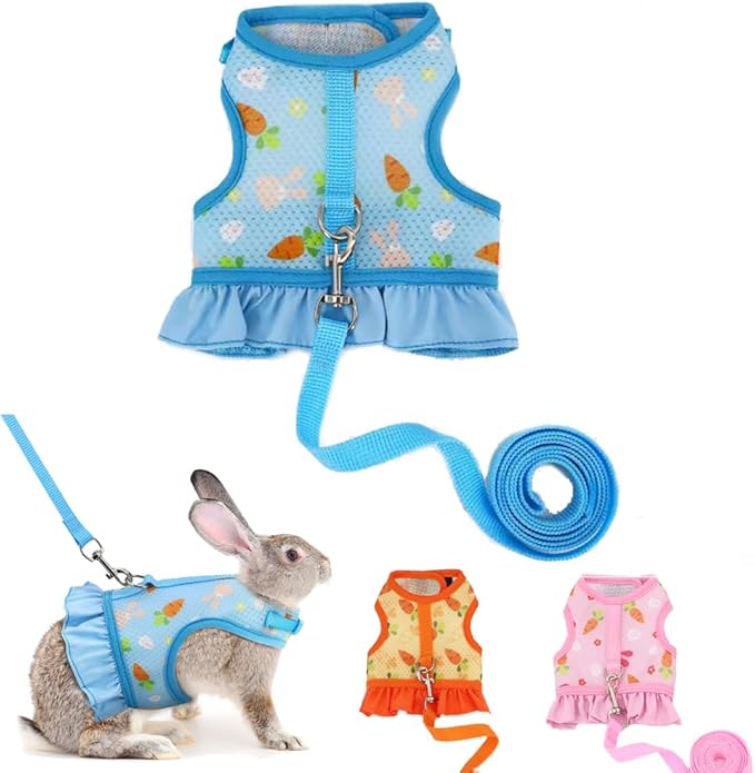 Rabbit Harness and Leash Set, Bunny Vest Guinea Pig Clothes Ferret Rats Hamster Soft Mesh Cute Carrot Pattern for Chinchilla Small Animals Pet Kitten Puppy Blue S