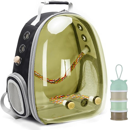 Bird Traval Carrier Cage, Polarized Tinted Brown Space Capsule Astronaut Backpack to Carry Parakeet Cockatiel Parrot with Metal Tray Bird Feed Wood Perch, Vet Transport Bag