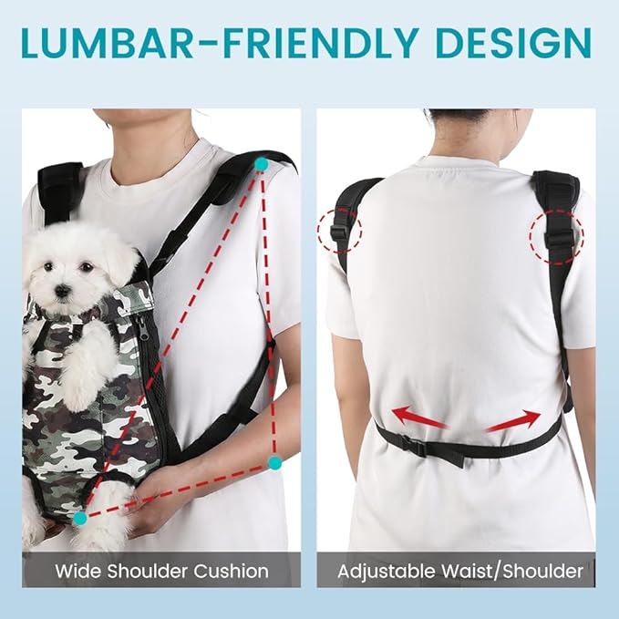 Dog Backpack Carrier, Front Pocket for Essentials, Pet Sling Front Backpacks for Small Medium Dogs 7-11 Lbs, Legs Out, Adjustable Wearable Puppy Chest Travel Bag, Easy-Fit for Hiking/Walking/Camping