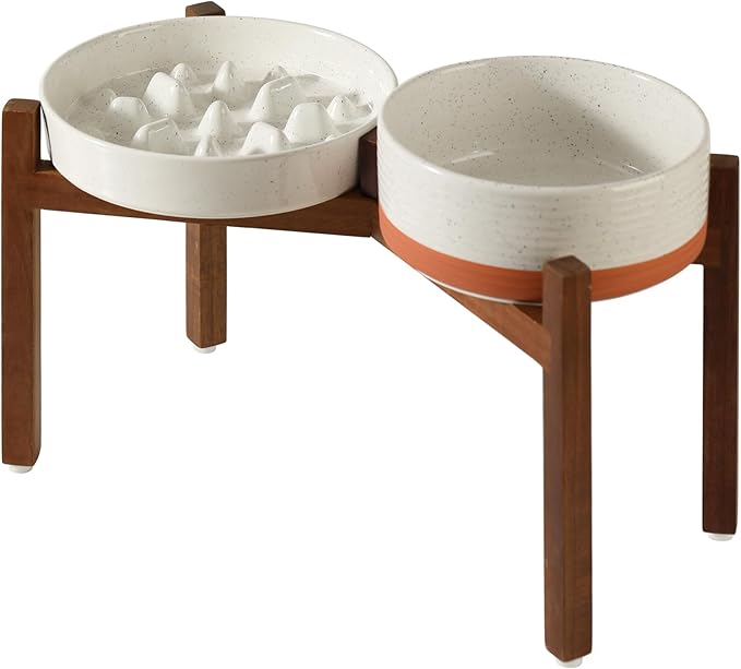 Havniva Elevated Slow Feeder Dog Bowls, 1.6 Cups/8.2 inch Slow Feeders + 7.3 inch Ceramic Dog Food & Water Bowls Set with Acacia Wood Stand Puzzle Bowls for Fast Eater, Medium Dogs Anti-Choking
