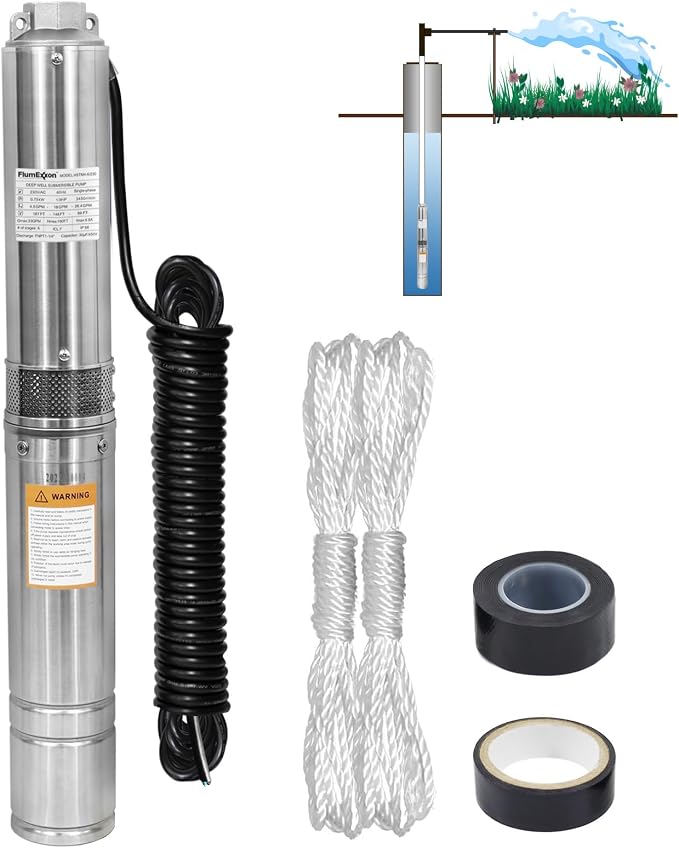 1HP Deep Well Submersible Pump 230V/60Hz, 33GPM, 190ft Head, with 33ft Cable, Stainless Steel Water Well Pump for 4'' Deep Well, Industrial, Irrigation and Home Use Submersible Well Pumps