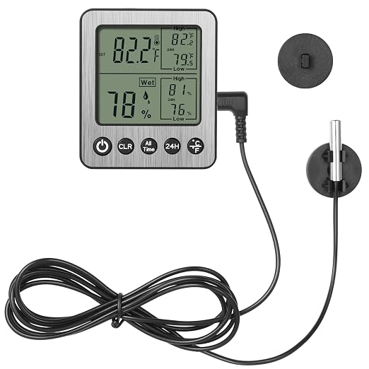 Digital Refrigerator Freezer Fridge Thermometer with Extra Sensor Reptile Thermometer Indoor Hygrometer max and min Remember Black ZZ20