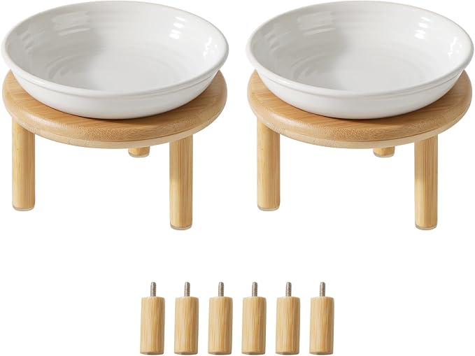 Havniva Elevated Cat Bowls Raised Ceramic Cat Bowl, 5.7” Wide Opening Cat Food Bowl Whisker Friendly Cat Dish Anti-Slip with Bamboo Stand, Shallow Pet Food & Water Bowl for Indoor Cats