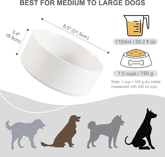 Ceramic Dog Bowl for Food and Water - Pet Feeder Bowl for Medium to Large Dogs - Heavy Ceramic Feeding Dish with Non Slip Base - Dishwasher & Microwave Safe - 8 Inch - 7.5 Cups - White