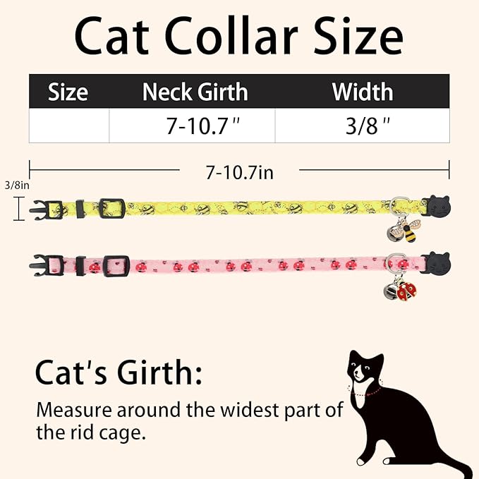 Cat Collar Breakaway, 2 Pack Cotton Kitten Collars with Bells and Removable Charms, Cute Bee and Ladybug Shaped for Indoor Boy, Girl and Adult Cats