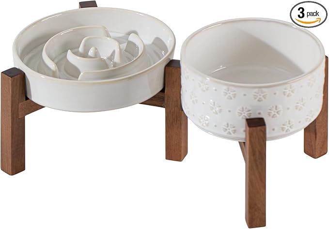 Havniva Elevated Slow Feeder Dog Bowls, 1.2 Cups/7.3 inch Slow Feeders + 6.1 inch Ceramic Dog Food & Water Bowls Set with Acacia Wood Stand Puzzle Bowls for Fast Eater, Small Dogs Anti-Choking